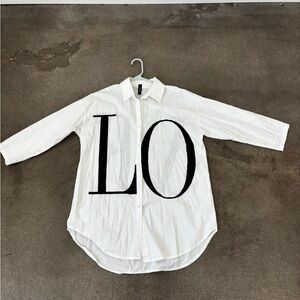 Women's White Button Down Shirt with Black Lettering